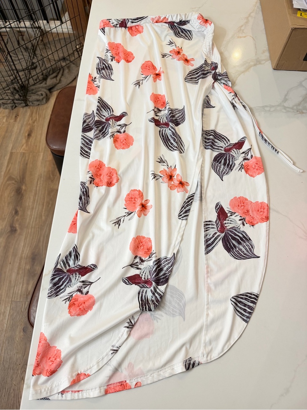 Women’s White Floral Wrap Skirt with Coral Accents